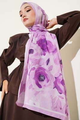 Pazarium - Retro Rose Desen Şal Lila