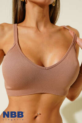 Pazarium - NBB V Yaka İp Askılı Fitilli Sütyen Vizon