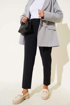 Pazarium - Dar Paça Bel Lastikli Çımalı Pantolon Siyah