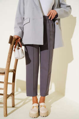 Pazarium - Dar Paça Bel Lastikli Çımalı Pantolon Kayrak Grisi