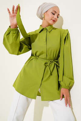 Pazarium - İp Kuşaklı Omuz Pelerinli Gömlek Fıstık Yeşili