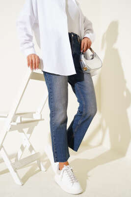 Pazarium - Dar Paça Lazer Kesim Kot Pantolon Kahve Tint