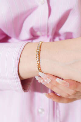 Pazarium - Taşlı Kalpli Zincir Bileklik Gold