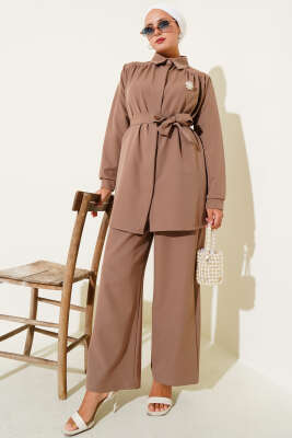 Pazarium - Gizli Düğmeli Kuşaklı Dabıl İkili Takım Latte