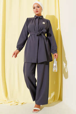 Pazarium - Gizli Düğmeli Kuşaklı Dabıl İkili Takım Füme