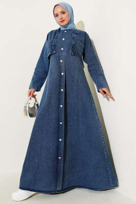 İnci Düğme Detaylı Kot Jile İkili Takım Koyu Mavi - Thumbnail