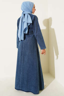 İnci Düğme Detaylı Kot Jile İkili Takım Koyu Mavi - Thumbnail