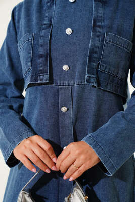 İnci Düğme Detaylı Kot Jile İkili Takım Koyu Mavi - Thumbnail