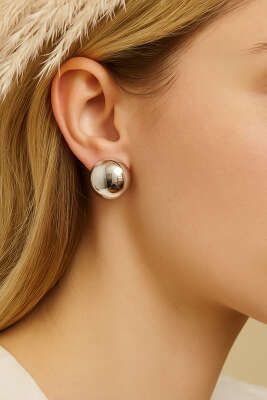 Pazarium - Oval Bombeli Küpe Gümüş