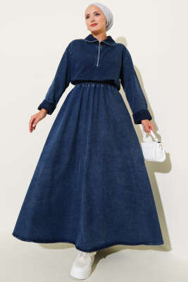 Yarım Fermuarlı Etekli Kot İkili Takım Koyu Mavi - Thumbnail