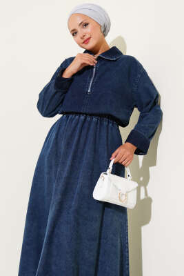 Yarım Fermuarlı Etekli Kot İkili Takım Koyu Mavi - Thumbnail