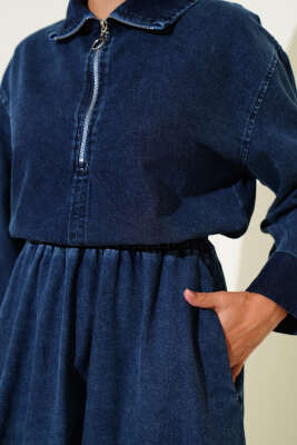 Yarım Fermuarlı Etekli Kot İkili Takım Koyu Mavi - Thumbnail