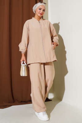 Pazarium - Bilek Lastikli Fermuarlı Tensel İkili Takım Latte