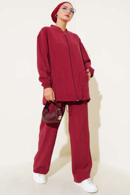 Pazarium - Bilek Lastikli Fermuarlı Tensel İkili Takım Bordo