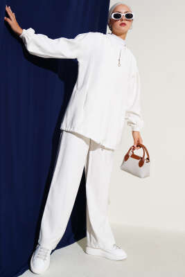 Pazarium - Bilek Lastikli Fermuarlı Tensel İkili Takım Beyaz