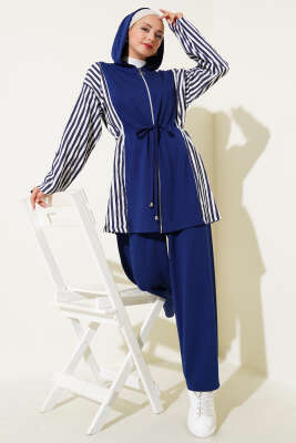 Pazarium - Loyşa Çizgi Garnili Bel Tünelli İkili Takım Lacivert
