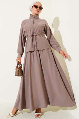 Pazarium - Beli Tünelli Etekli Tensel İkili Takım Vizon