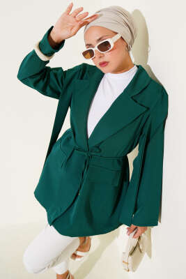 Pazarium - Omuz Pileli İp Bağcıklı Ceket Zümrüt