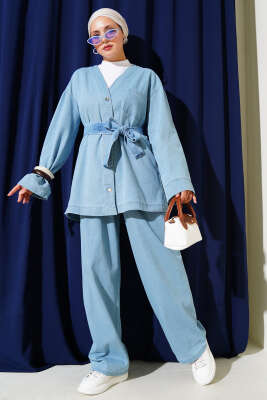 Pazarium - Metal Düğmeli Cepli Kot İkili Takım Açık Mavi