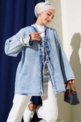 Önü İp Bağlamalı Kot Kimono Orta Mavi - Thumbnail