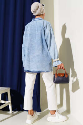 Önü İp Bağlamalı Kot Kimono Orta Mavi - Thumbnail