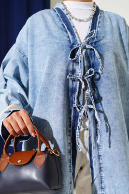 Önü İp Bağlamalı Kot Kimono Orta Mavi - Thumbnail