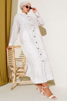 Pazarium - Metal Düğmeli Cepli Uzun Gömlek Taş