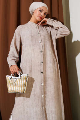 Metal Düğmeli Cepli Uzun Gömlek Bej - Thumbnail