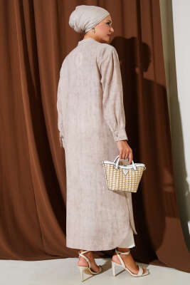 Metal Düğmeli Cepli Uzun Gömlek Bej - Thumbnail