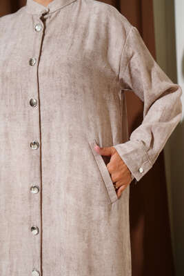 Metal Düğmeli Cepli Uzun Gömlek Bej - Thumbnail