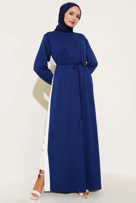 Pazarium - Loyşa Yan Şeritli Elbise Lacivert