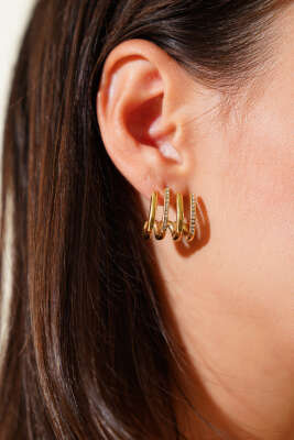 Pazarium - Mini Taşlı Şeritli Küpe Gold