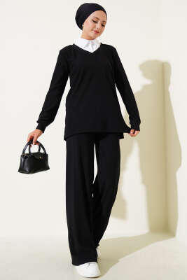 Pazarium - Gömlek Yaka Fitilli Salaş İkili Takım Siyah