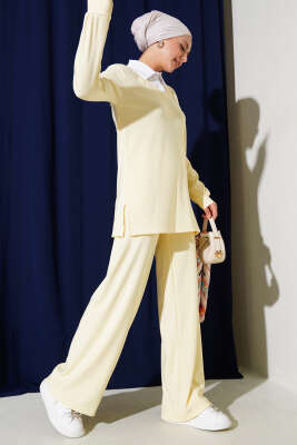 Pazarium - Gömlek Yaka Fitilli Salaş İkili Takım Sarı