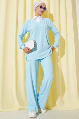 Pazarium - Gömlek Yaka Fitilli Salaş İkili Takım Buz Mavisi