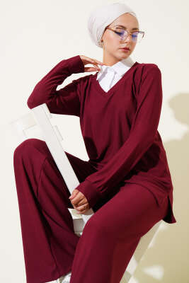 Pazarium - Gömlek Yaka Fitilli Salaş İkili Takım Bordo