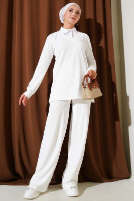 Pazarium - Gömlek Yaka Fitilli Salaş İkili Takım Beyaz