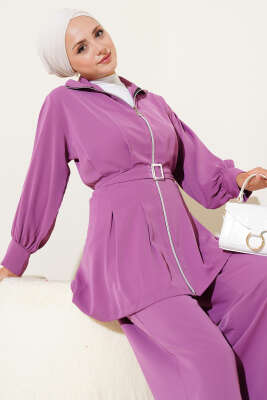 Pazarium - Bel Pileli Kuşaklı Fermuarlı İkili Takım Lila