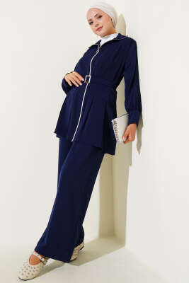 Pazarium - Bel Pileli Kuşaklı Fermuarlı İkili Takım Lacivert