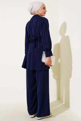 Bel Pileli Kuşaklı Fermuarlı İkili Takım Lacivert - Thumbnail