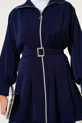 Bel Pileli Kuşaklı Fermuarlı İkili Takım Lacivert - Thumbnail