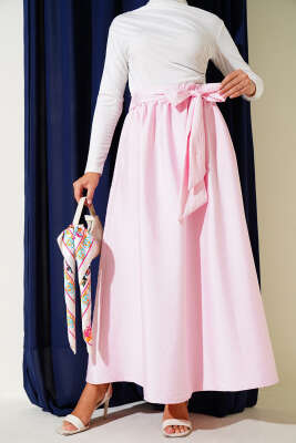 Pazarium - Kendinden Kuşaklı Kloş Etek Pembe