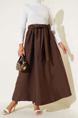 Pazarium - Kendinden Kuşaklı Kloş Etek Kahve