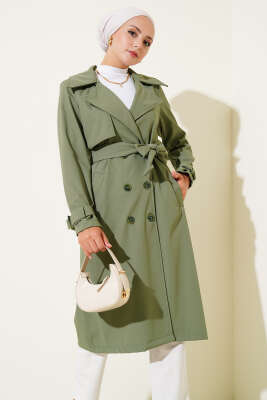 Pazarium - Bilek Kemerli Kuşaklı Trençkot Haki