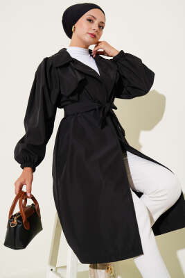 Omuz Pile Detaylı Parçalı Trençkot Siyah - Thumbnail