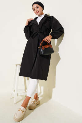 Omuz Pile Detaylı Parçalı Trençkot Siyah - Thumbnail
