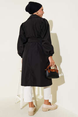 Omuz Pile Detaylı Parçalı Trençkot Siyah - Thumbnail