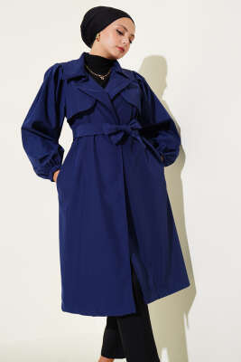 Omuz Pile Detaylı Parçalı Trençkot Lacivert - Thumbnail