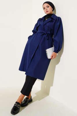 Omuz Pile Detaylı Parçalı Trençkot Lacivert - Thumbnail