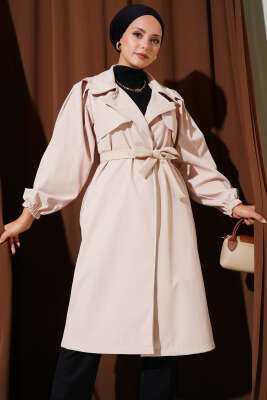 Omuz Pile Detaylı Parçalı Trençkot Bej - Thumbnail